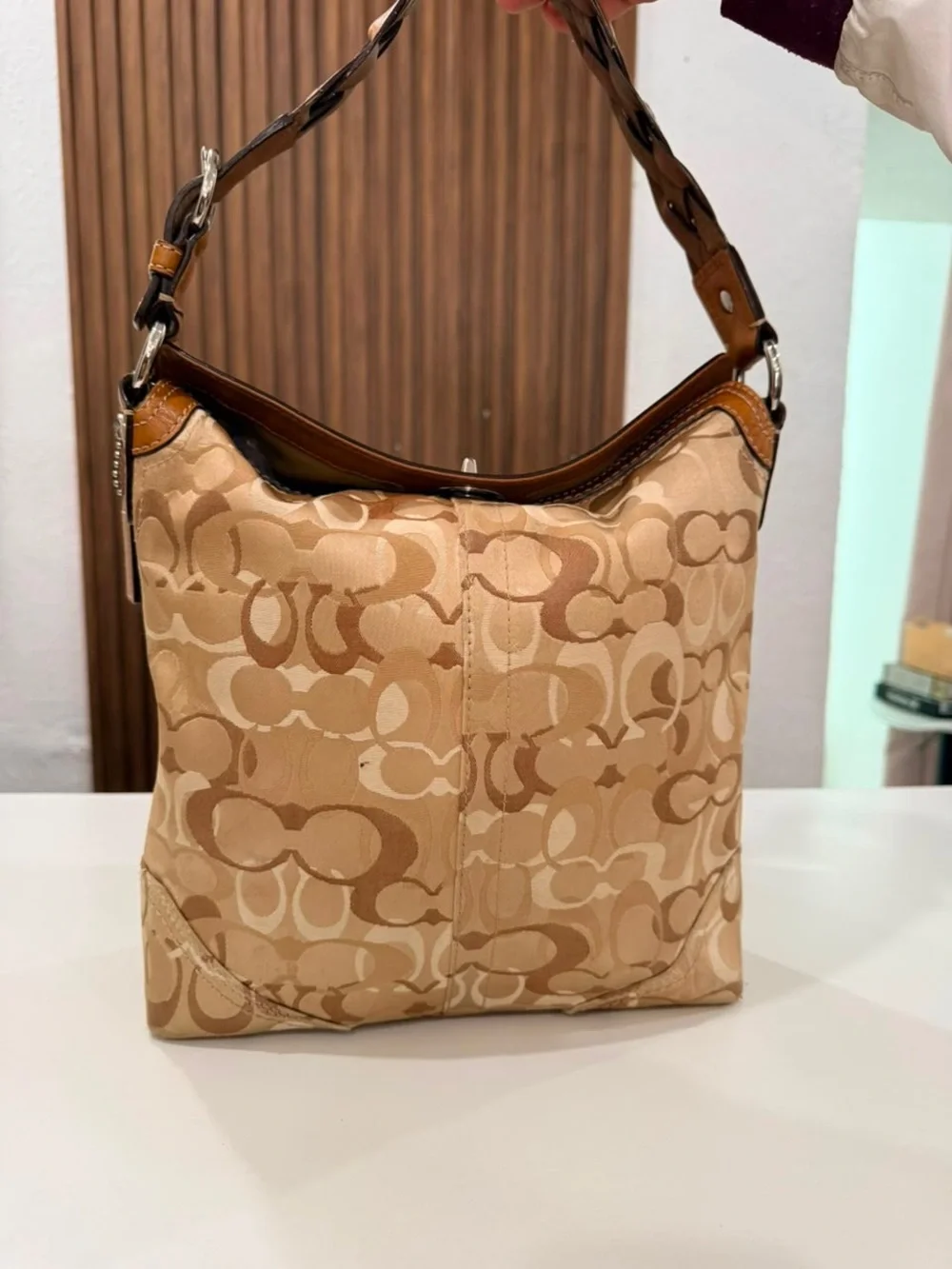 Vintage Coach Chelsea Optic Signature Tan Brown Canvas Leather Hobo Bag #10991